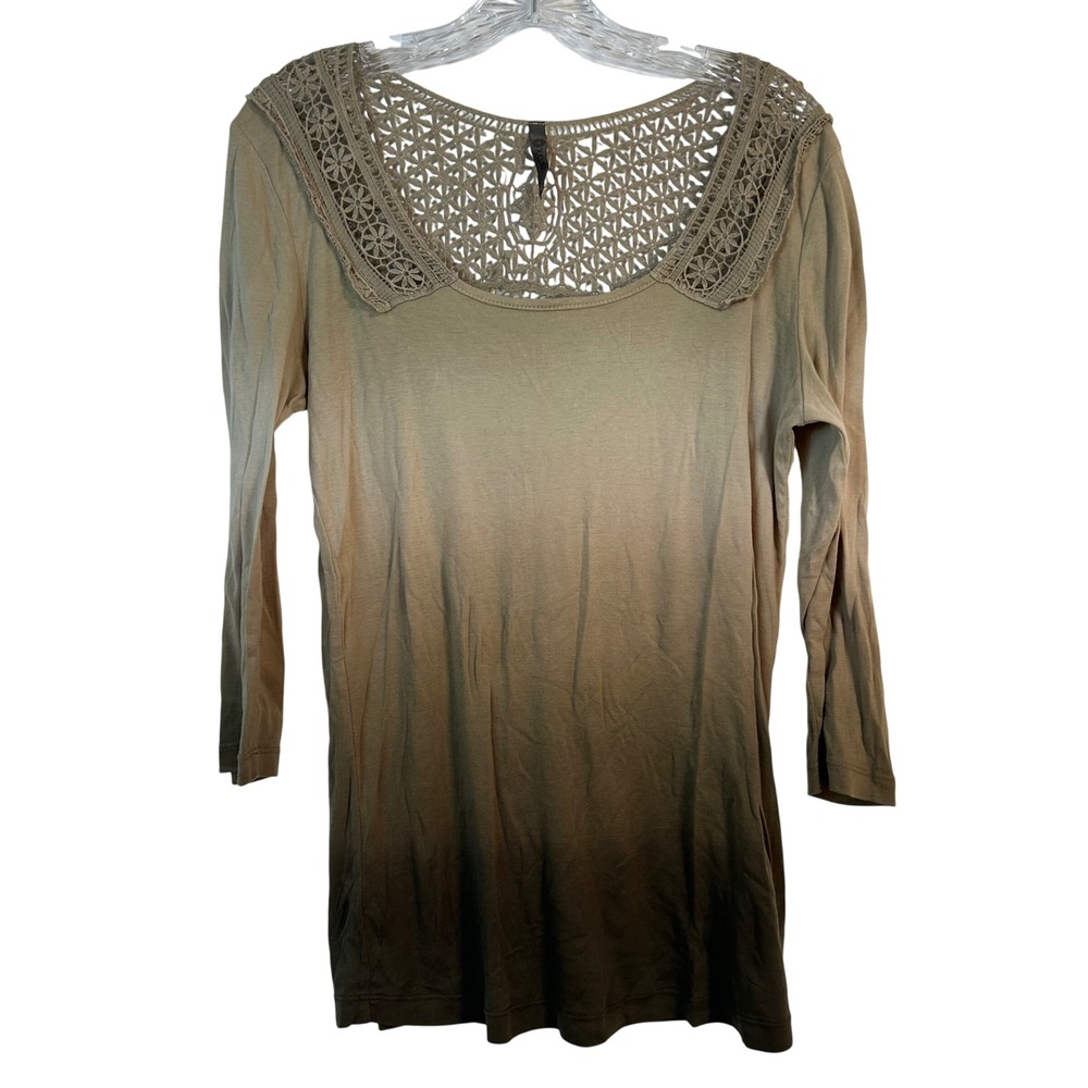 XCVI Ombre Cotton Crochet Lace Yoke 3/4‎ Sleeve Top Tan Brown XL